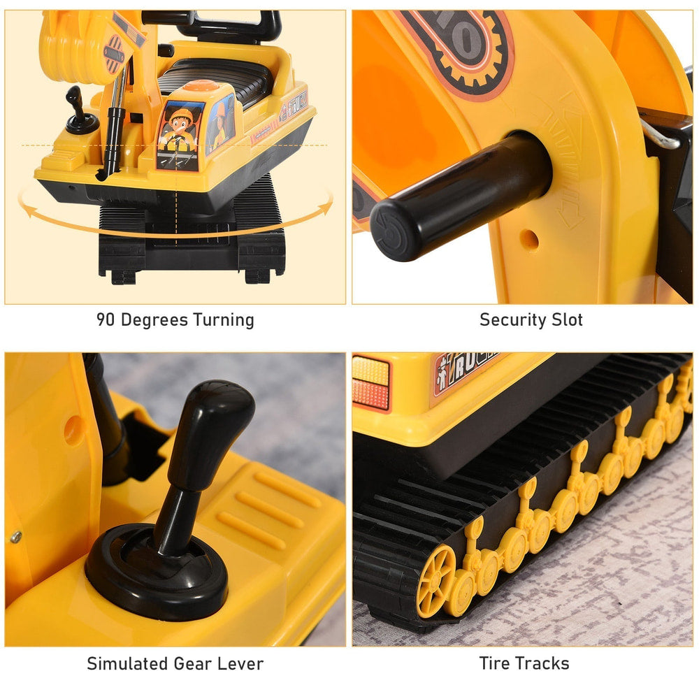 HOMCOM Ride On Excavator Toy Tractors Digger Movable Walker Construction Truck, four close up panels showing the turning arm