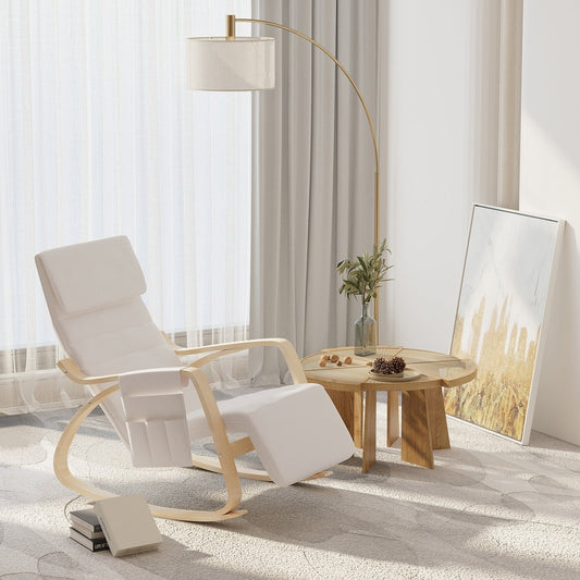 Cream white rocking lounge chair in a modern living room with a floor lamp and side table