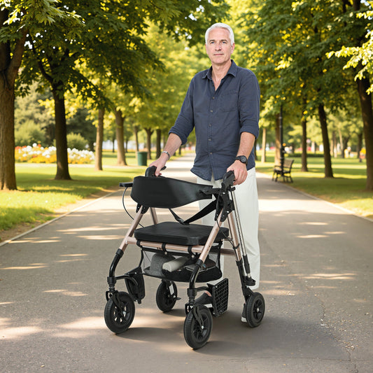 HOMCOM Rollator Walker Wheelchair, the mobility aid being used by a man walking along a path in a park