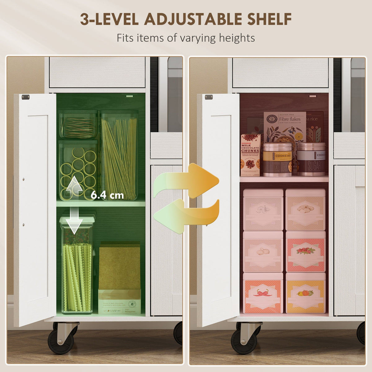 A diagram showing the adjustable shelf in the kitchen furniture at different heights