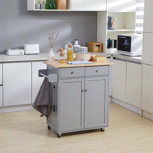 The kitchen furniture placed in a modern home kitchen with various food items on top