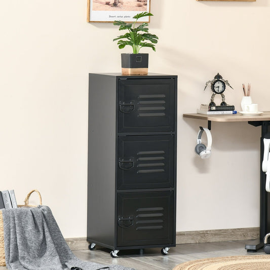 The black three-tier mobile cabinet is shown in a home office setting next to a desk
