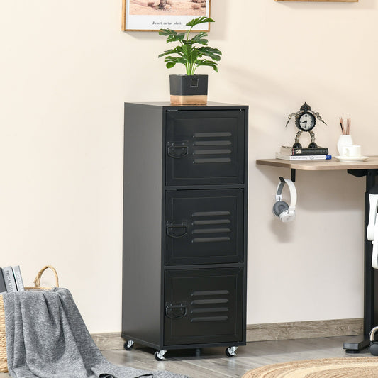 The black three-tier mobile cabinet is shown in a home office setting next to a desk