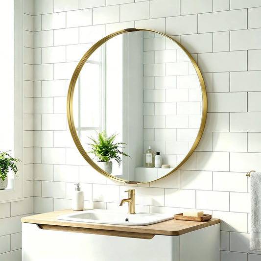 The round wall mirror is mounted above a sink in a bathroom with white tiled walls