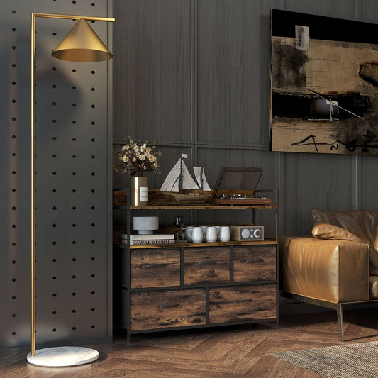 the storage cabinet with wooden shelves and fabric drawers in a living room setting
