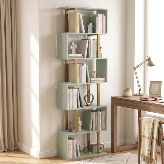 the light green five-tier zigzag bookcase in a room with books and decorative items