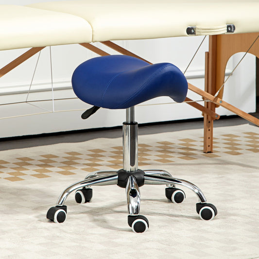 Dark blue saddle stool used next to a massage table in a room