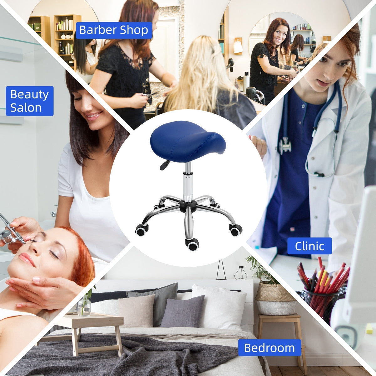 Collage of dark blue saddle stools in a salon, clinic and bedroom