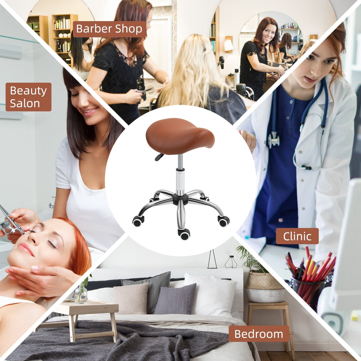 The beauty stool shown in a collage of a barber shop, beauty salon, clinic and bedroom setting