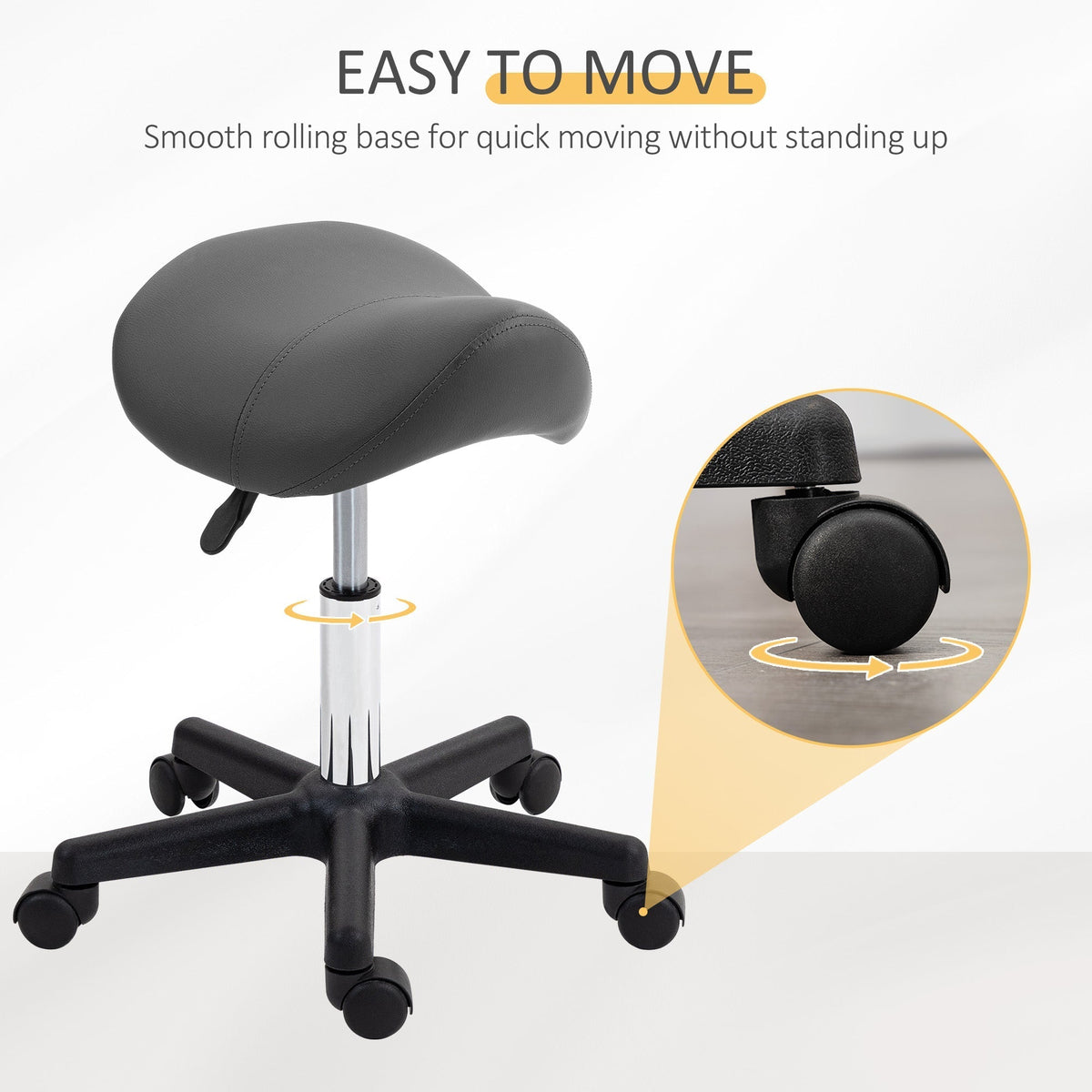 The rolling base of the grey PU leather saddle stool with wheels shown