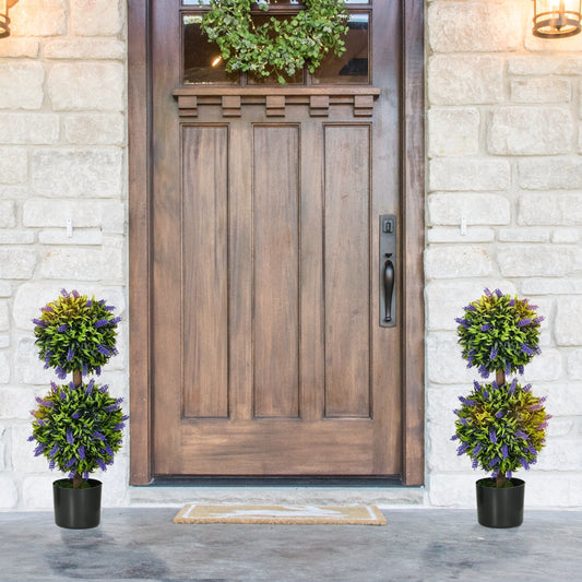 The artificial plants placed on either side of a wooden front door on a porch