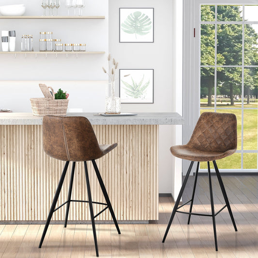 Two brown vintage microfiber cloth bar stools in a modern kitchen setting