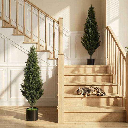 Two decorative artificial cypress plants placed on stairs in a home setting