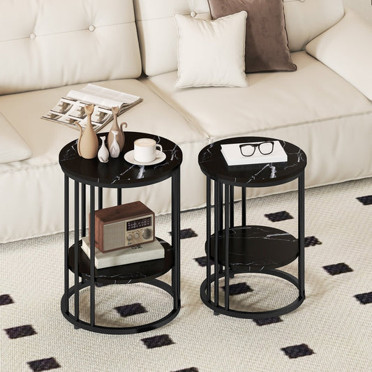 Two black marble effect coffee tables in a living room setting with a sofa and rug