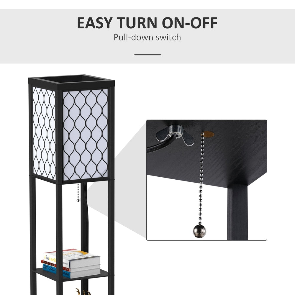 The floor lamp with shelves has an easy pull-down switch for turning on and off
