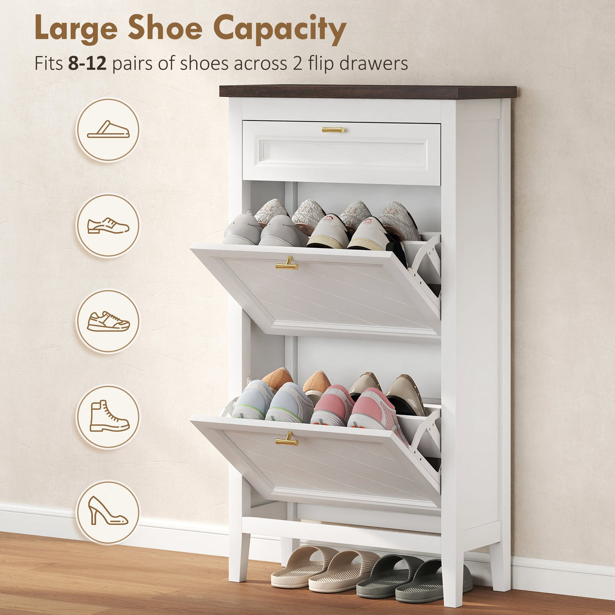 The white narrow shoe storage cabinet with two flip drawers open, showing shoe capacity
