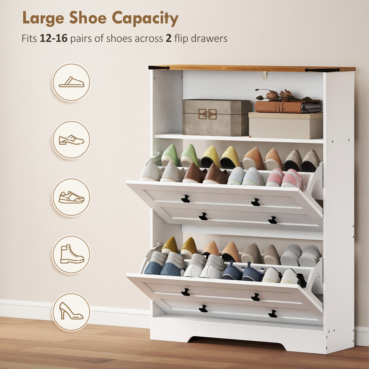 The white narrow shoe storage cabinet filled with various pairs of shoes in its compartments