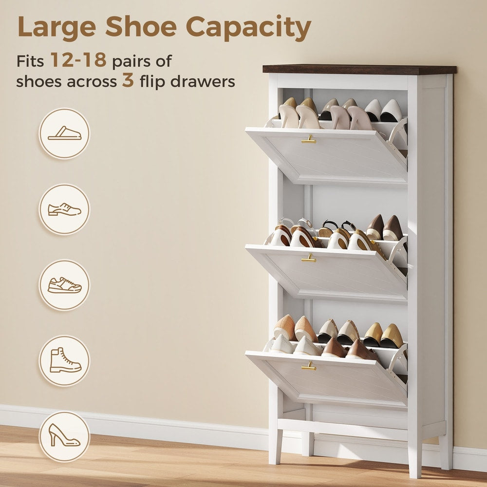 The shoe storage cabinet with all three flip drawers open, showing capacity for shoes