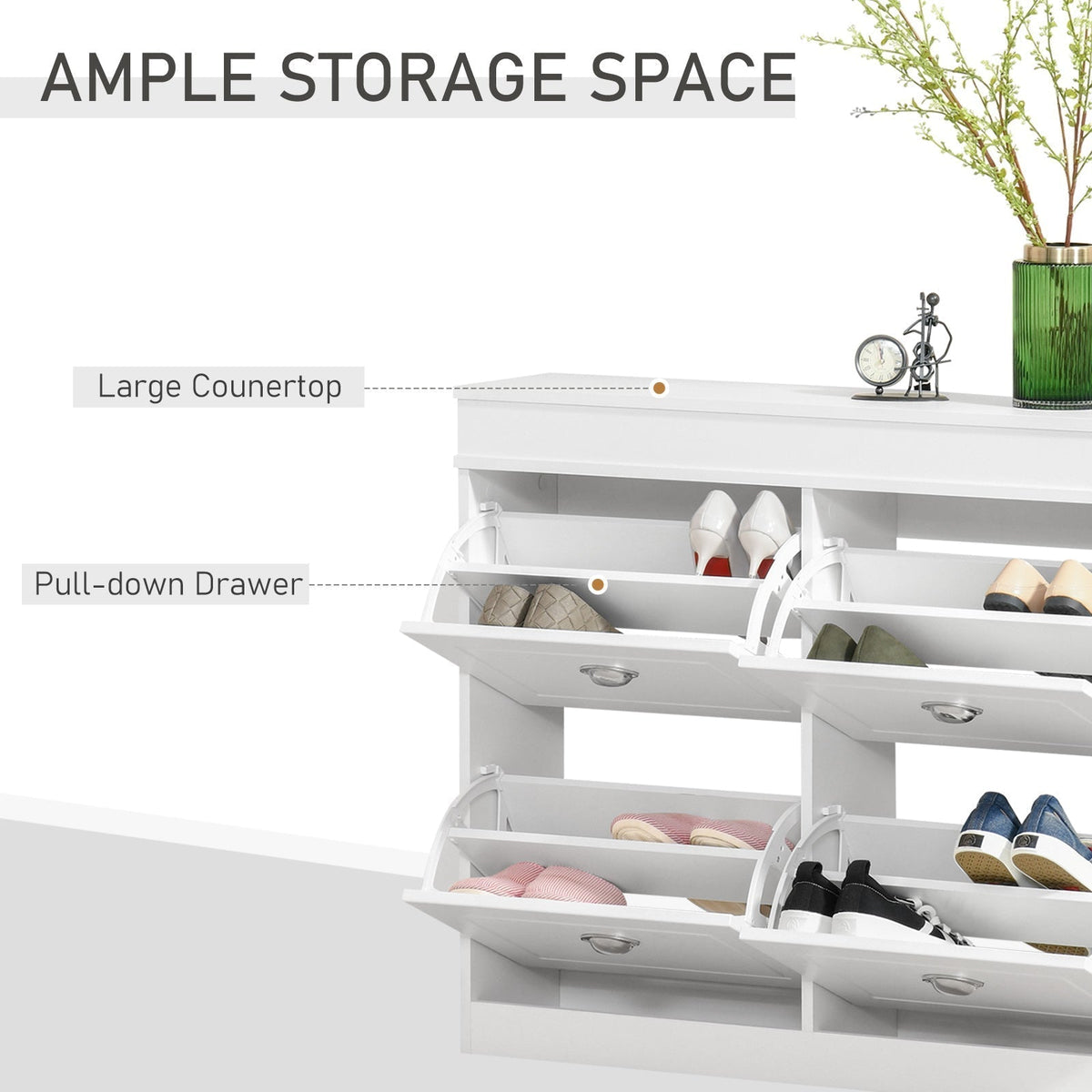 The shoe storage unit showing the top surface and the pull down drawer mechanism in action