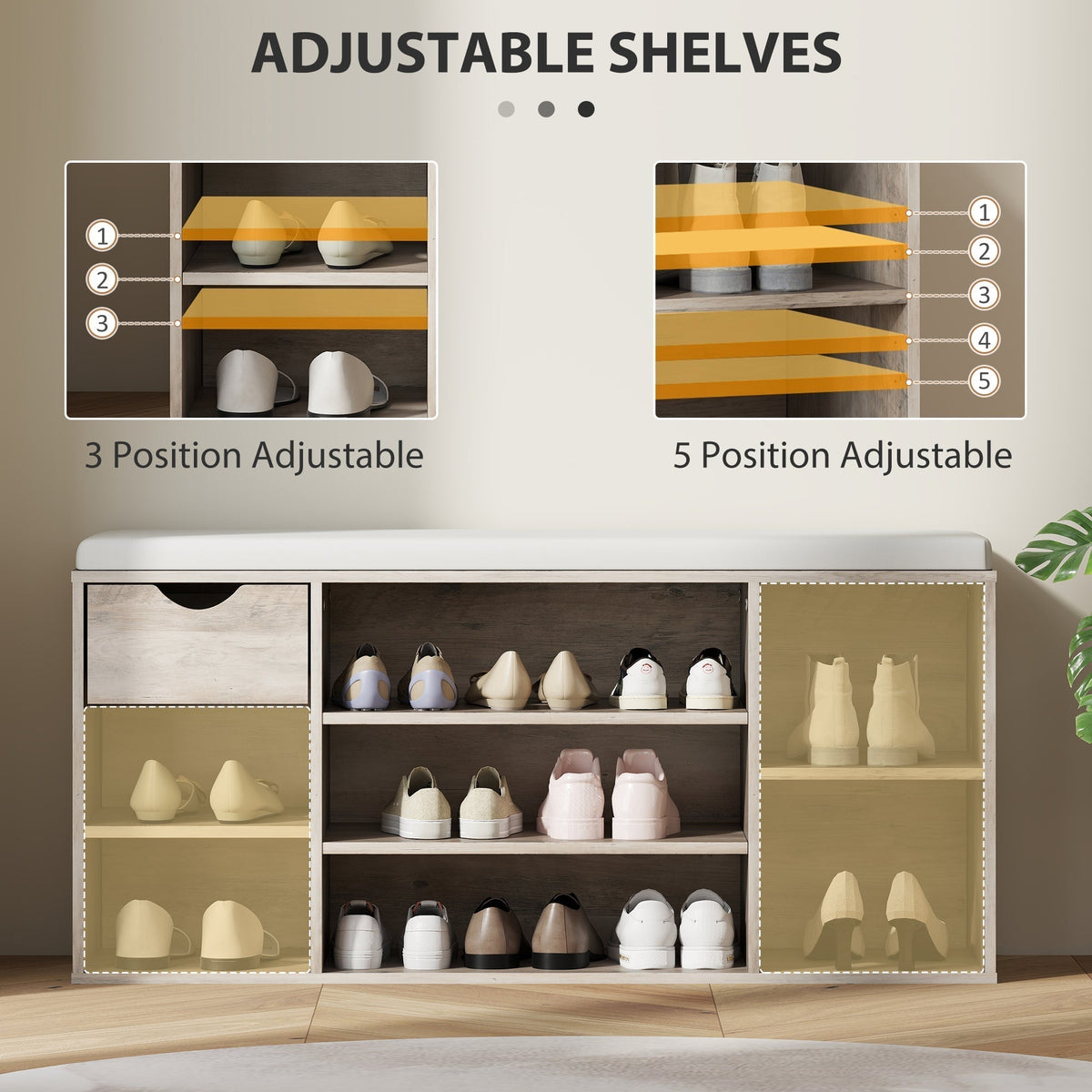 The shoe storage bench with cushion showing adjustable shelves
