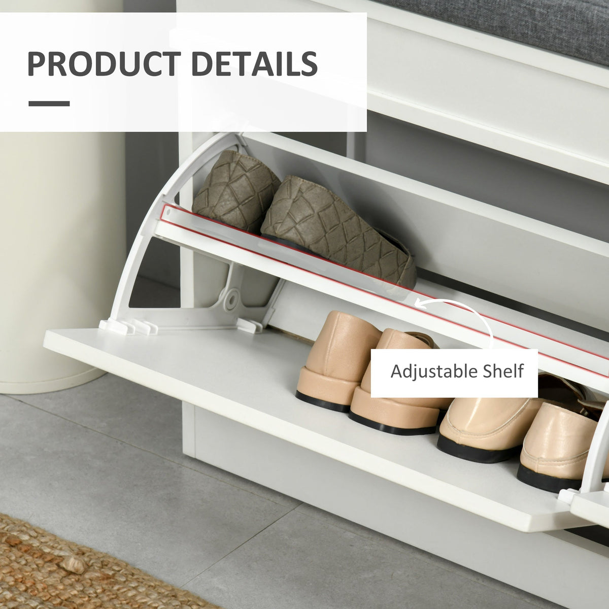 A close-up of the shoe storage bench showing the adjustable shelf inside the drawer