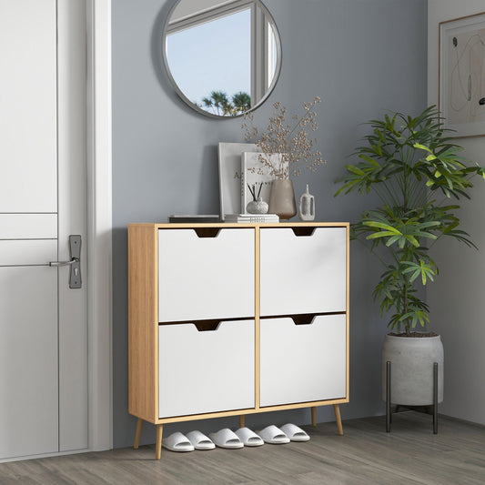 The shoe storage cabinet in a hallway with shoes neatly placed on the floor in front