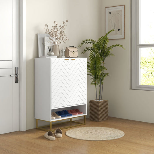 Modern shoe cupboard in a hallway with a plant and rug next to it