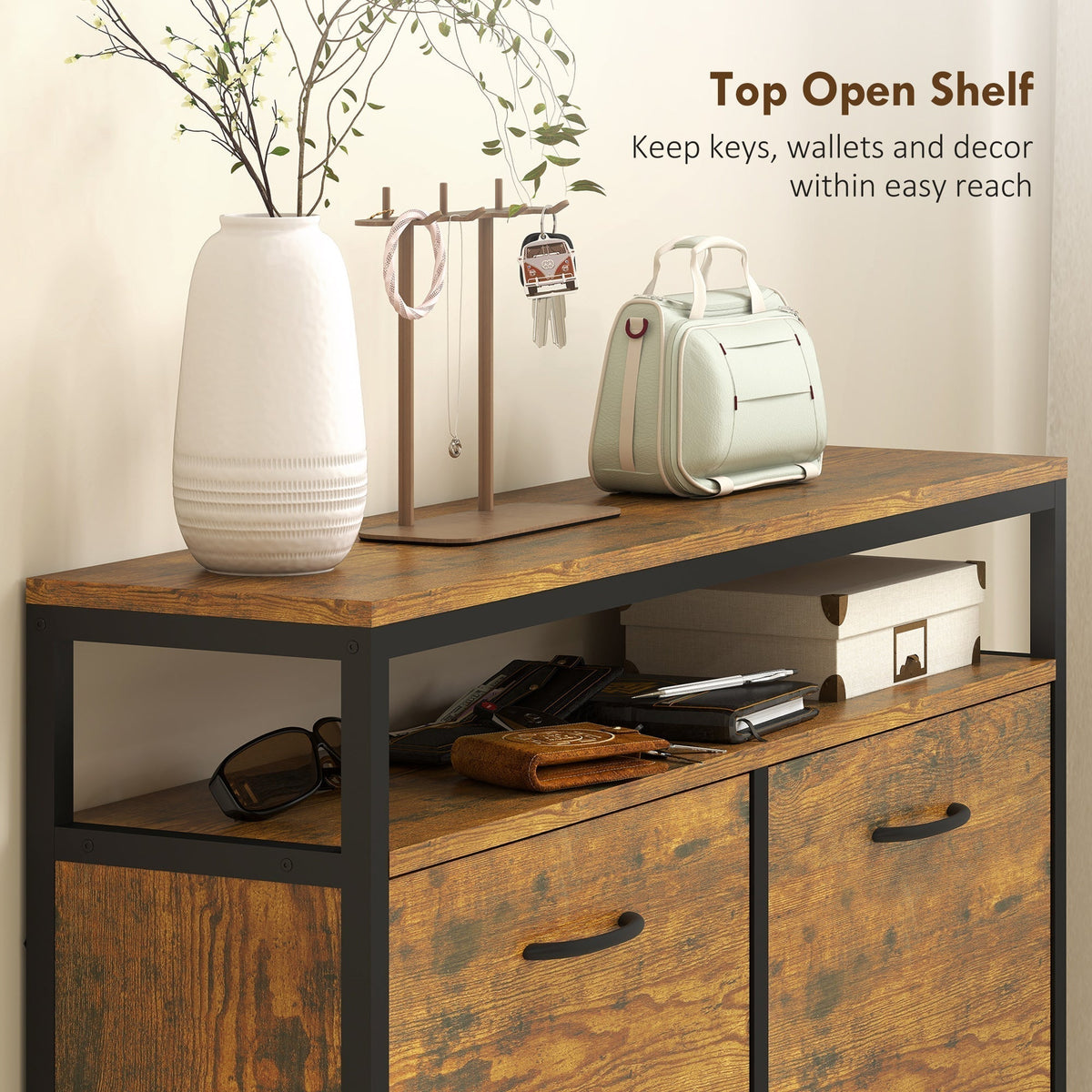 Close up of the top shelf of the rustic brown shoe storage cabinet, holding keys and accessories