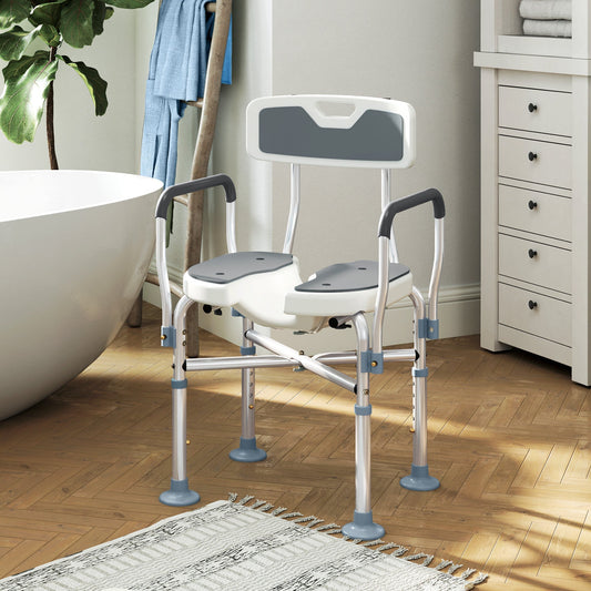The shower seat is shown in a bathroom setting next to a bathtub
