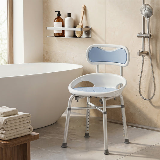 The shower stool positioned in a modern bathroom next to a white bathtub