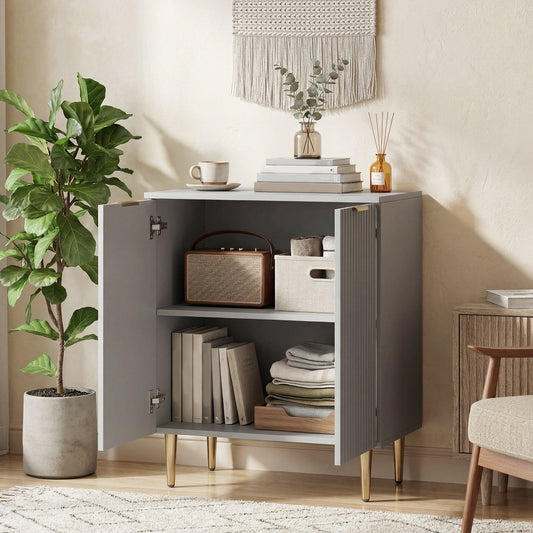the storage cabinet with its doors open, showing two shelves and items inside