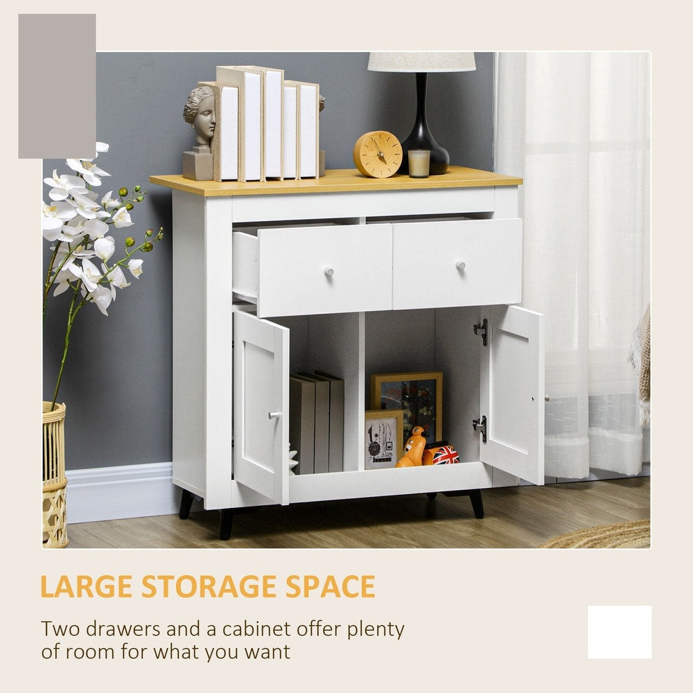 A white storage cabinet with a wood effect top, with its drawers and doors open to show storage space