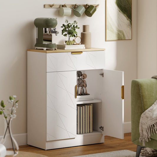The storage cabinet with one door open showing books and a decorative item inside