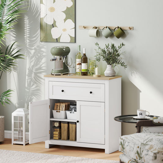White storage cabinet with a wooden top, shown in a dining room setting with items on top and inside