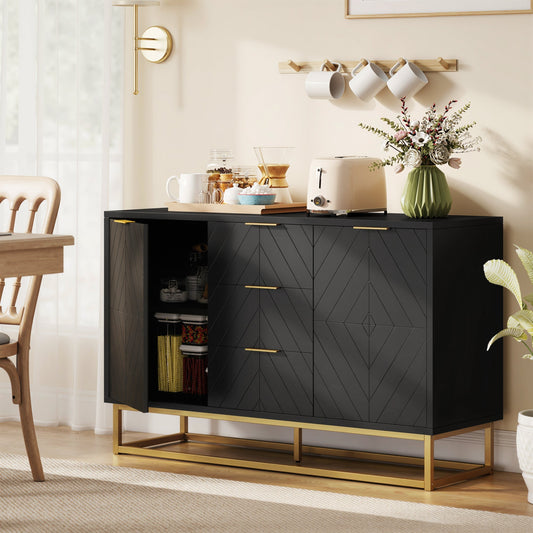 The storage cabinet placed in a dining room with one door open showing items stored inside