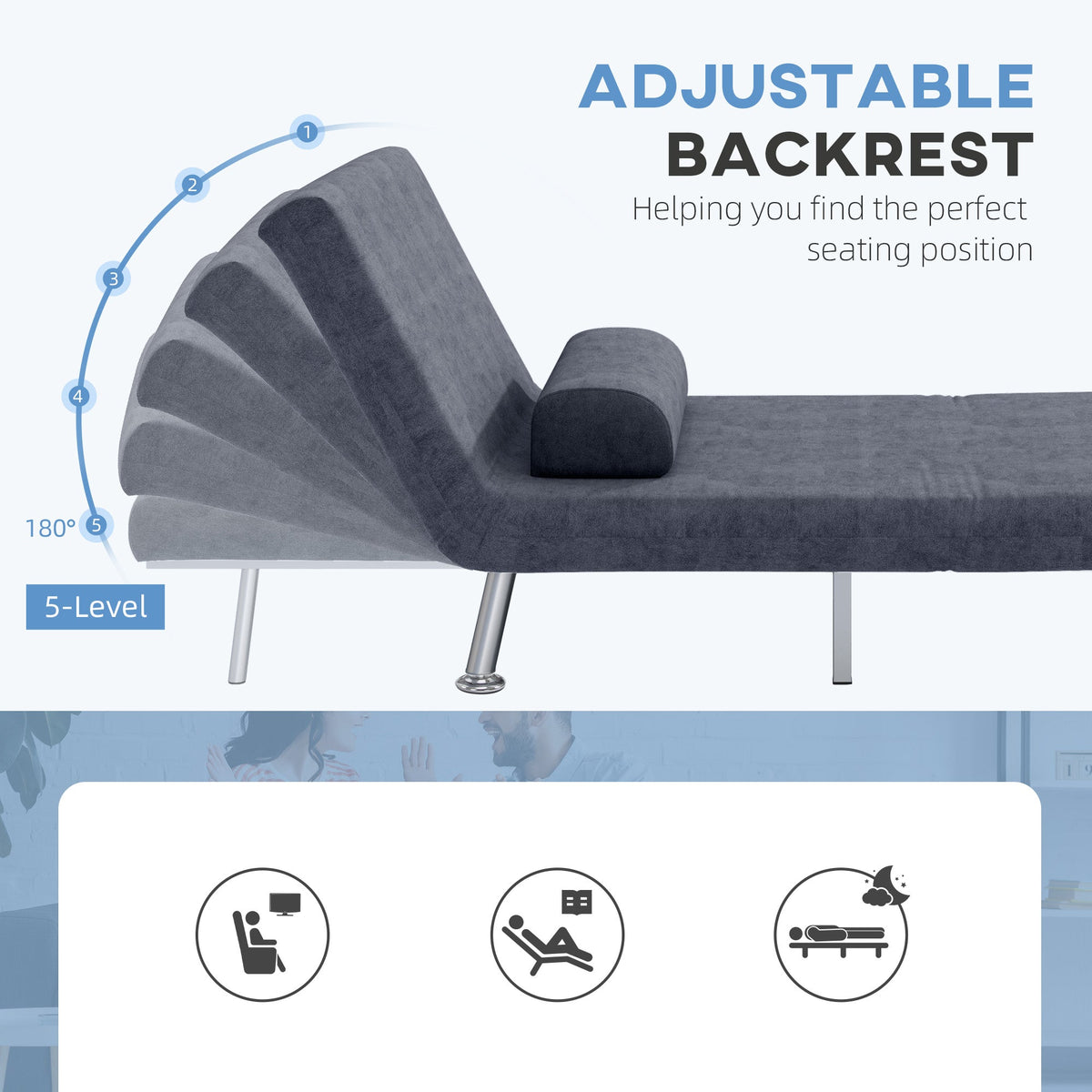 The sleeper chair backrest showing five different adjustable reclining angles