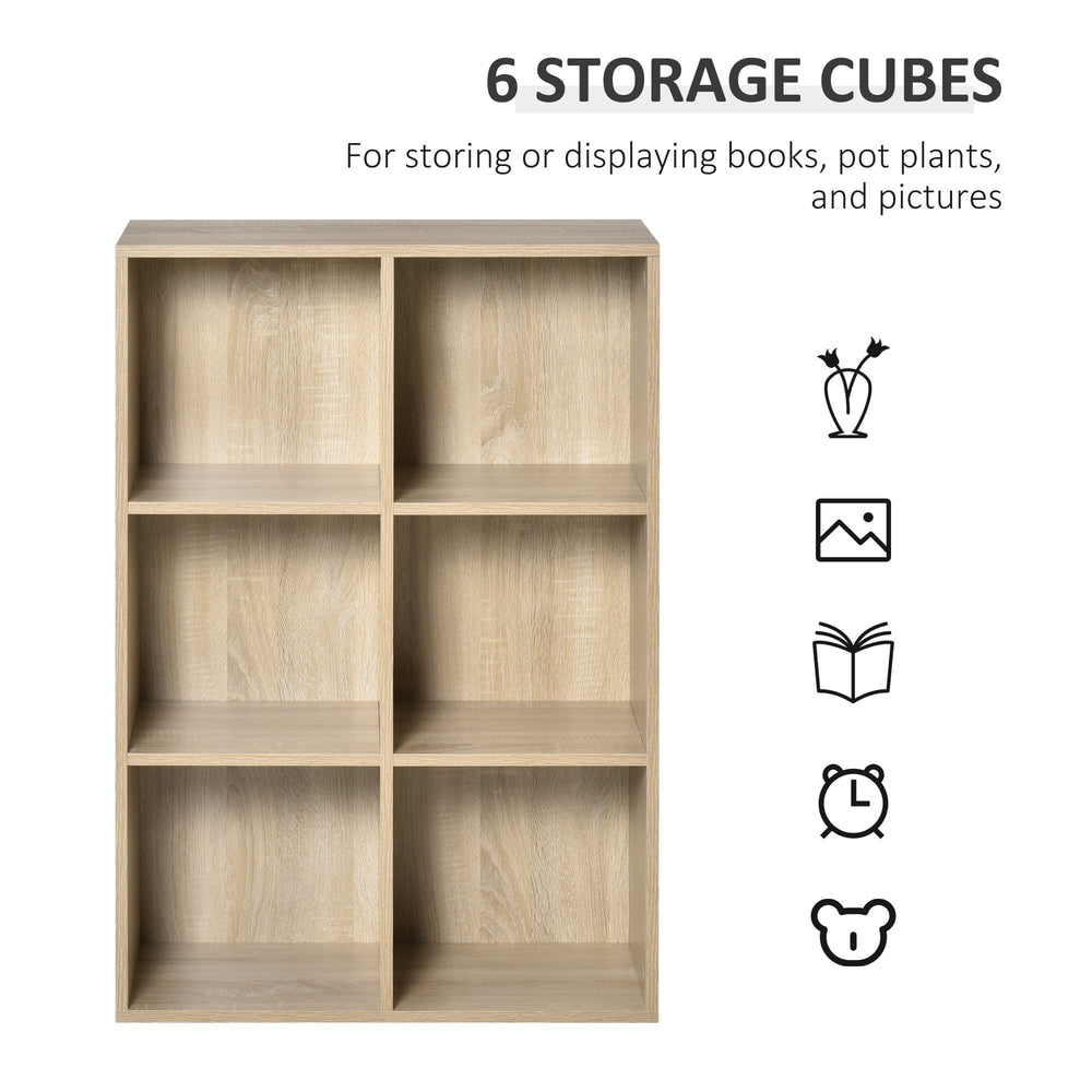 Six-cube bookcase with icons indicating storage for books and plants