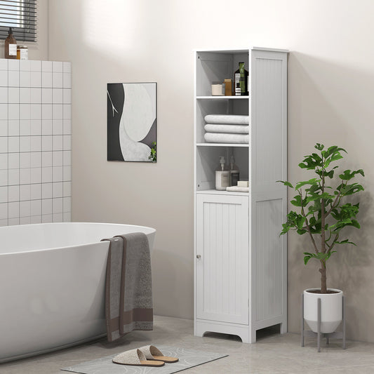 A tall white bathroom cabinet with a single door and three open shelves, shown in a modern bathroom setting