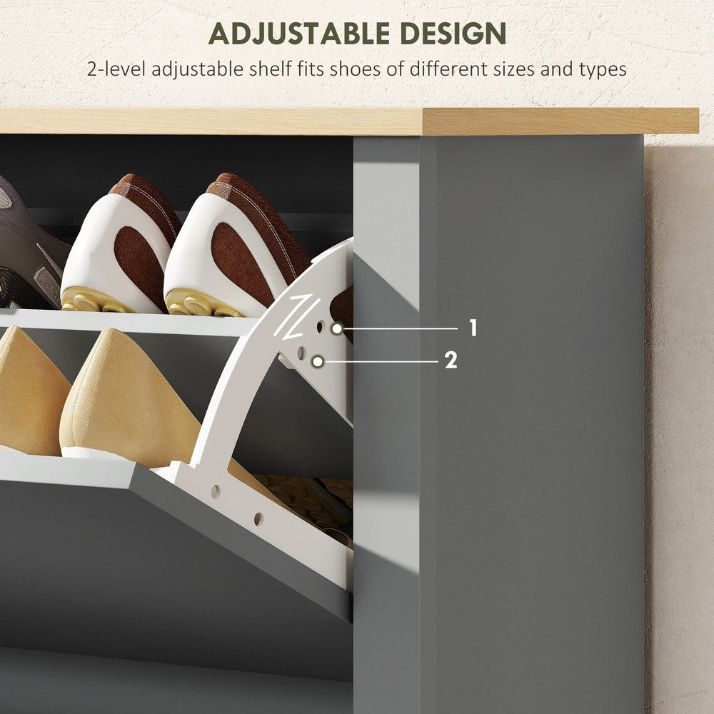 Close up of the adjustable shelves inside the shoe storage cabinet