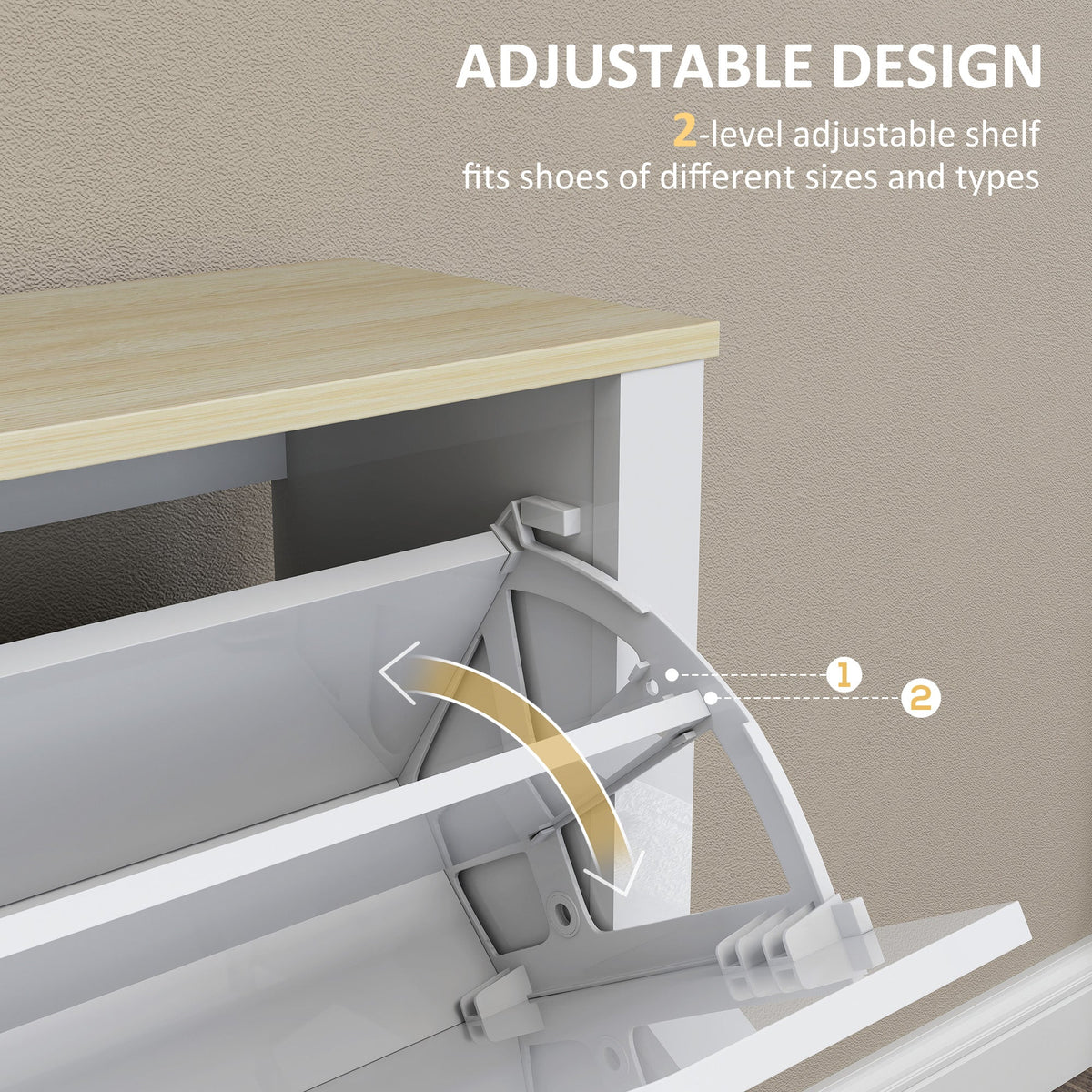Close-up of the adjustable shelf mechanism inside the shoe storage unit