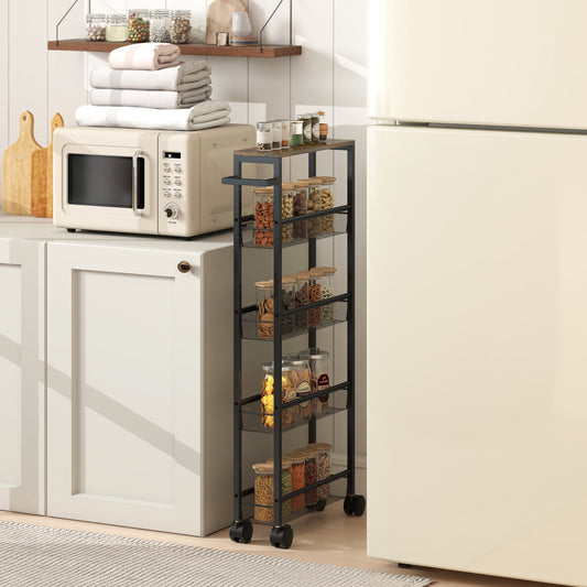 This slim kitchen cart with a wood-effect top is shown in a kitchen setting next to a fridge and microwave