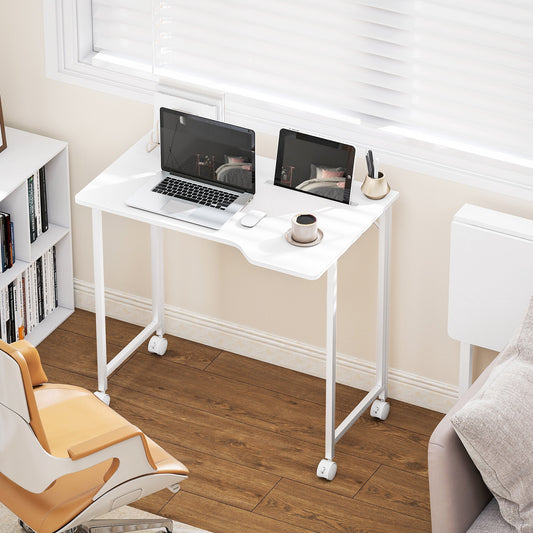 The small folding desk set up in a room with a laptop and tablet on top