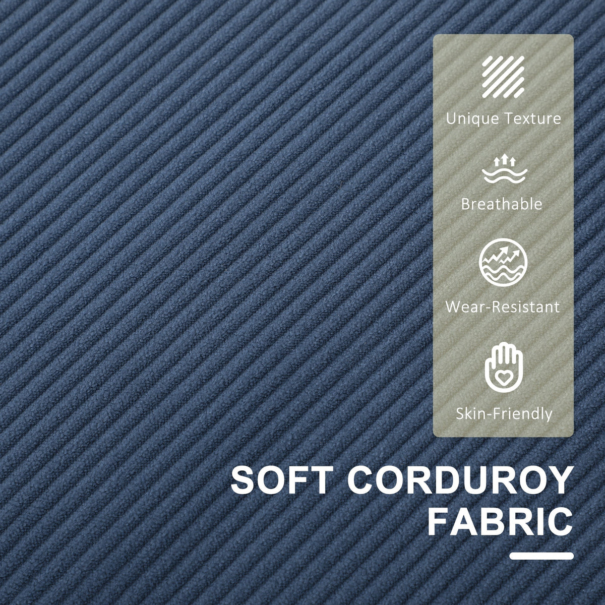 Close-up of the blue corduroy fabric texture with icons highlighting its key material features