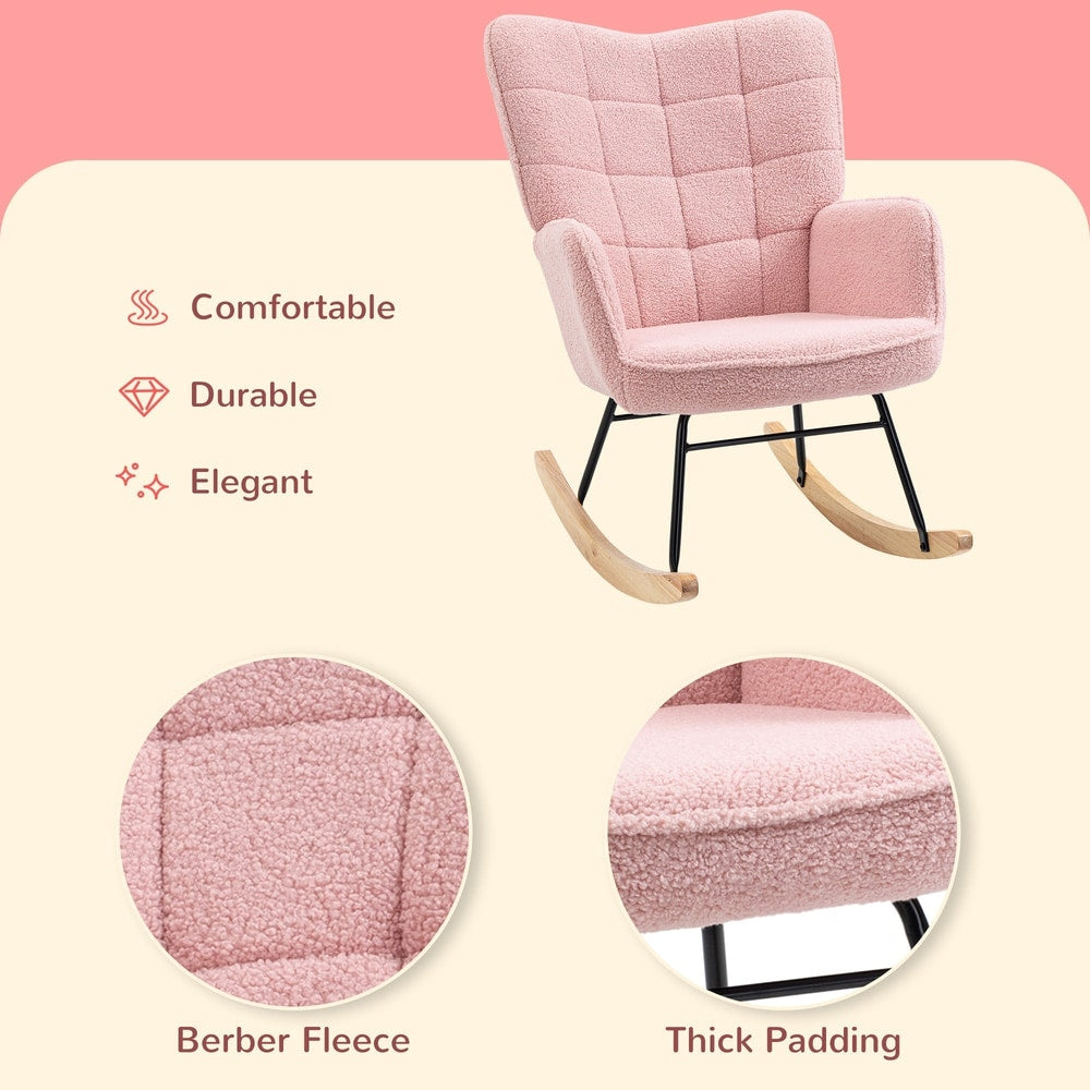 The pink rocking armchair with close up circles showing the textured fabric and thick padding