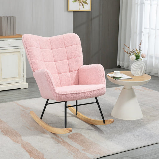 The pink rocking armchair placed in a bright living room next to a small white side table