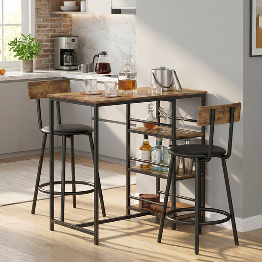This rustic brown breakfast bar table and stools set is shown in a kitchen setting with drinks on the table