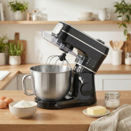 Black stand mixer with a stainless steel bowl on a kitchen counter, next to ingredients for baking