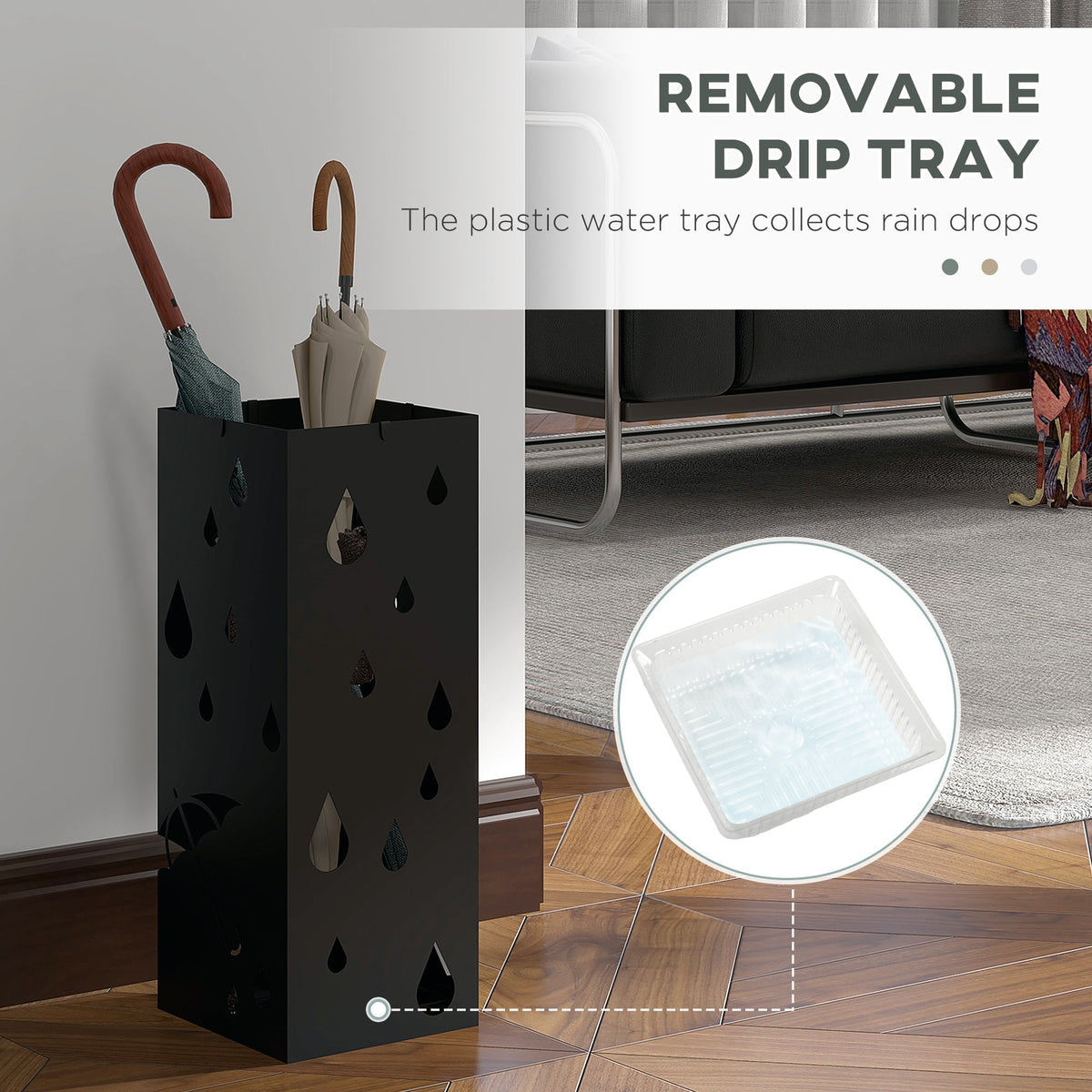 The umbrella holder with its removable drip tray shown separately