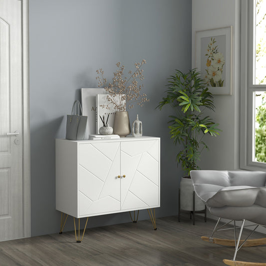 The white storage cabinet placed in a living room next to a potted plant and a grey rocking chair
