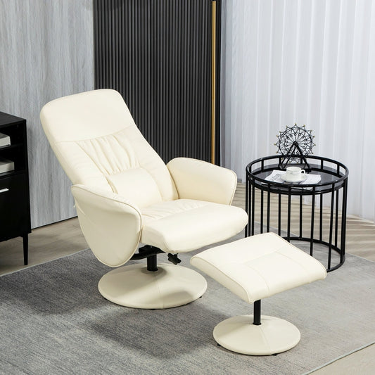 Cream white PU leather armchair and ottoman in a modern living room setting